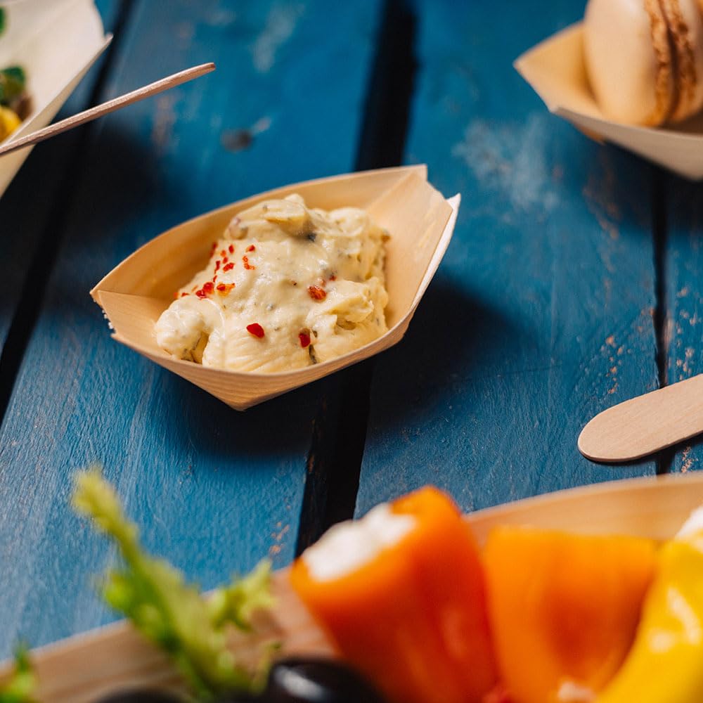 BIOZOYG Zestaw misek z drewna sosnowego, 1000 sztuk, ekologiczne, trwałe, kompostowalne, jednorazowe, na przekąski, do przekąsek, curry, frytek, sushi, zimnych i gorących potraw