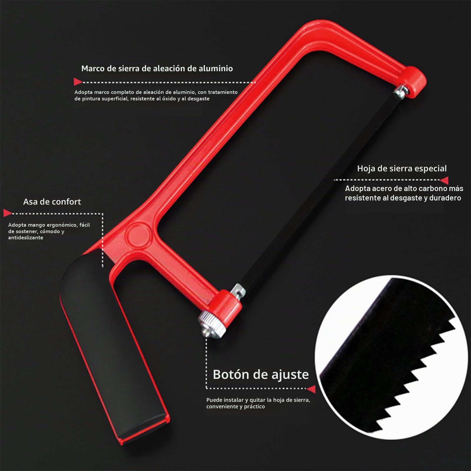 Sierra de Arco Mini Con 10 Hojas de Acero - Para Cortar Metal, Plástico, Tubería de PVC - Sierra de Mano Junior Pequeña