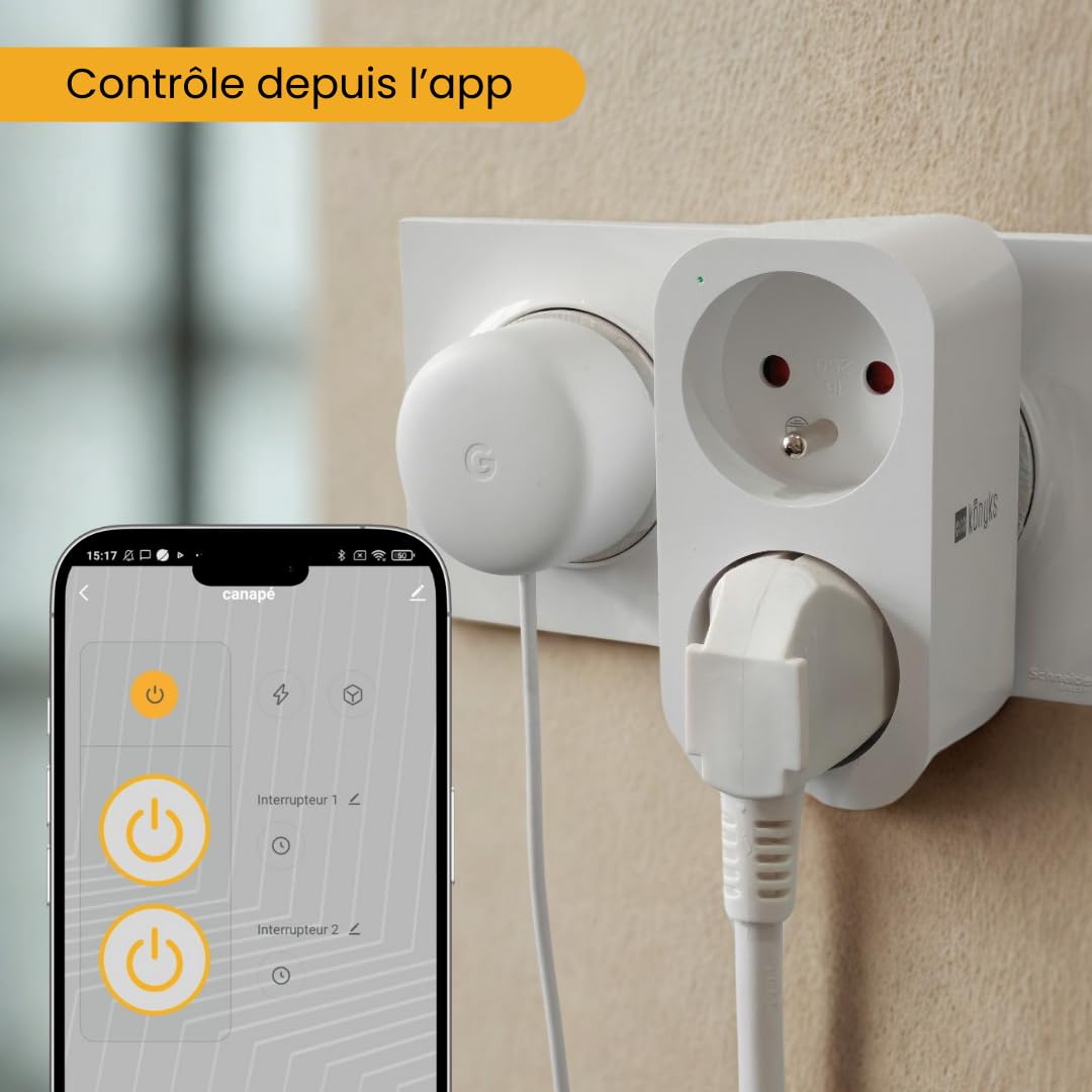 Konyks Priska Duo FR prise double Wi-Fi + BT, contrôle ON/OFF à distance, suivi de la consommation des 2 appareils simultanément, compatible Smartlife et Tuya, Amazon Alexa et Google Home