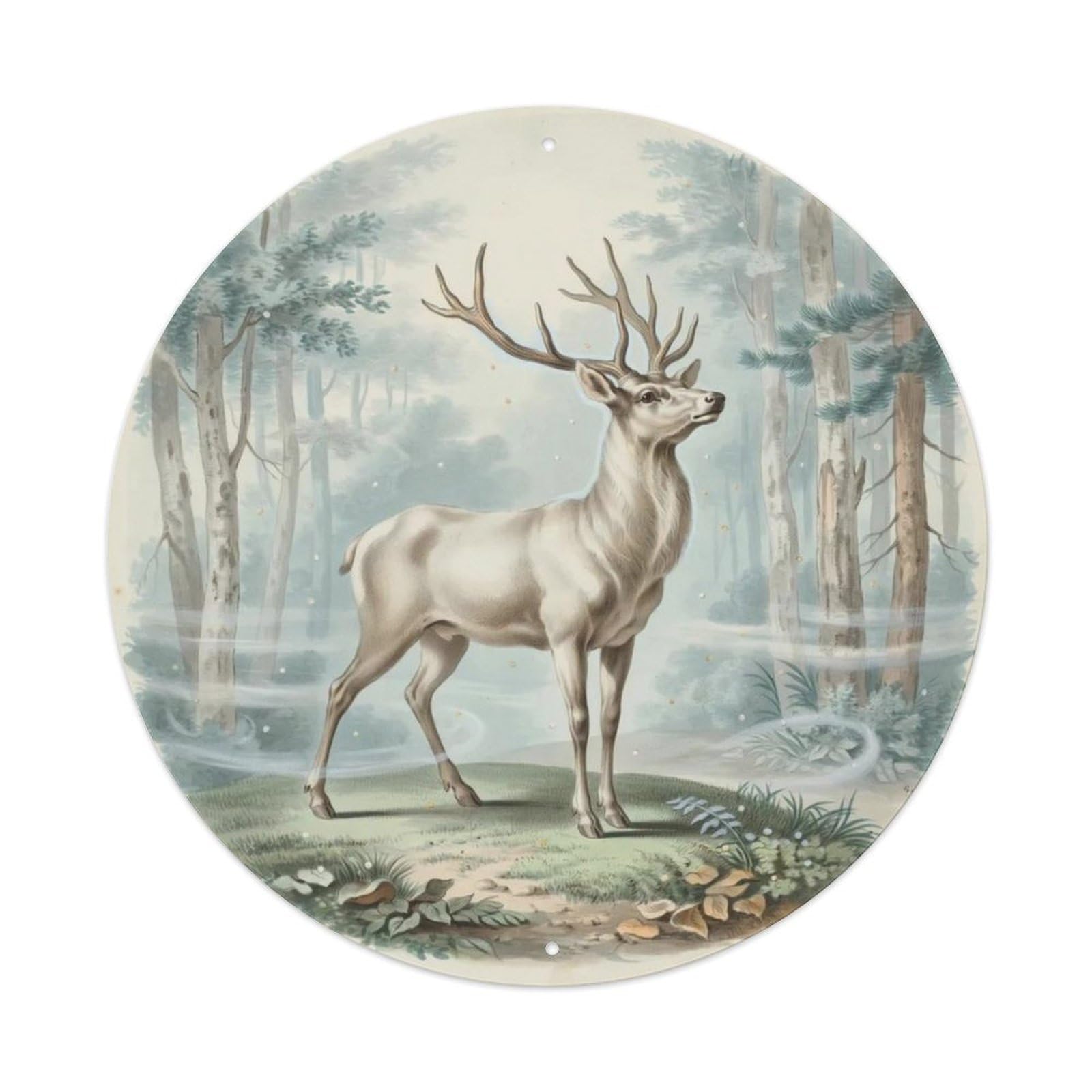 Vintage White Deer Misty Forest Metal Tin Sign Plaque
