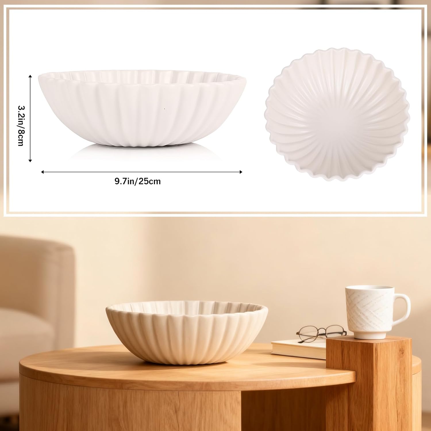 QIANLING Resin Large Beige Decorative Bowl for Home Decor - Beige Ruffle Fruit Bowl for Kitchen Counter Entryway or Coffee Table or Table Decor - Centerpiece Bowls for Keys, Fruit, Candy