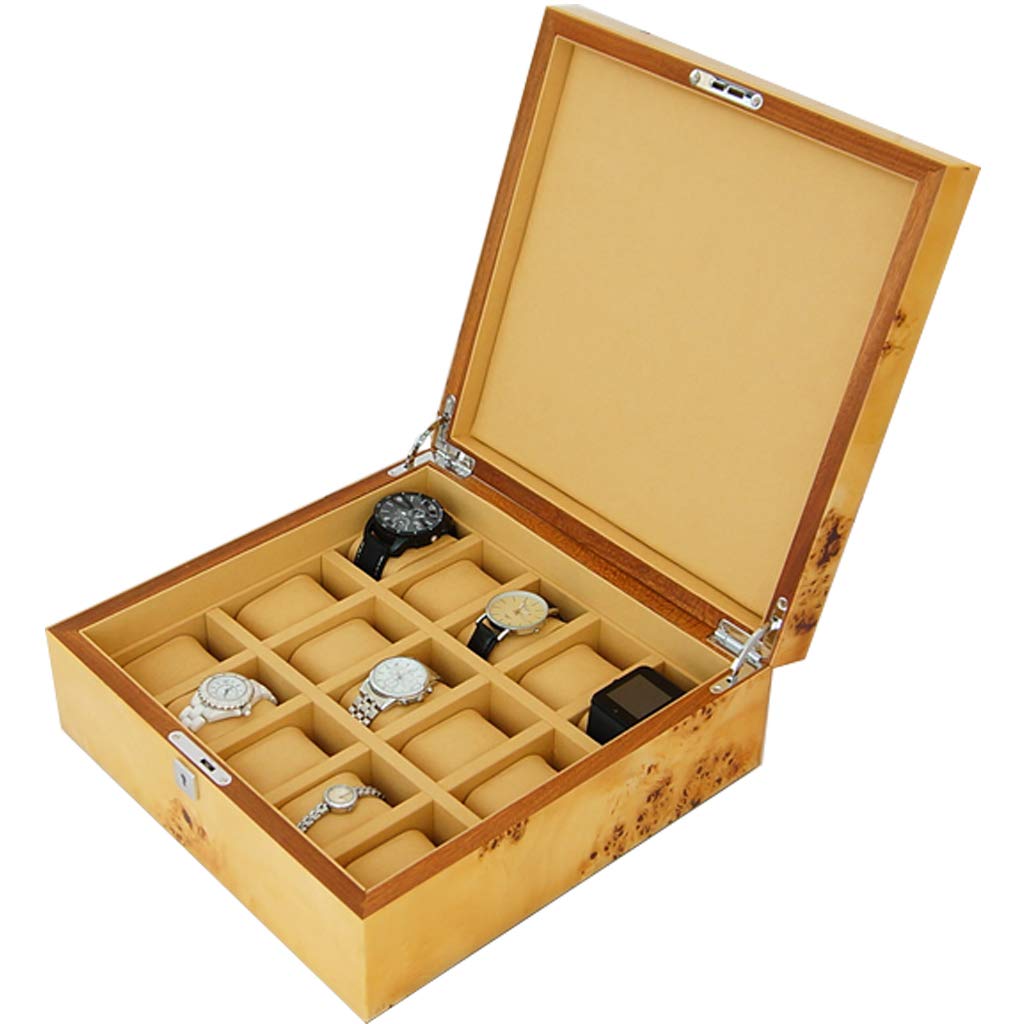 ANVLOJRIH Watch Display Storage Box Wooden Watch Storage Box Luxury Case Display Storage Box 15-Slot Jewellery Trinket Box Creative Simple Retro Birthday Gift (Yellow)