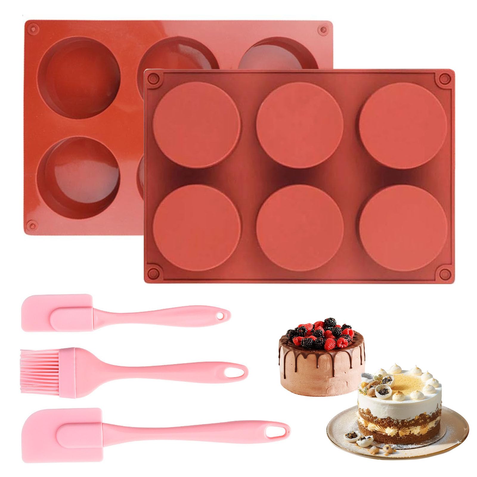5Pcs Silicone Baking Moulds Set, 4 in 6-Cavity Round Silicone Moulds, with Spatula Brush Cake Mould, Non-Stick Silicone Mould for Cake, Soap & Candy