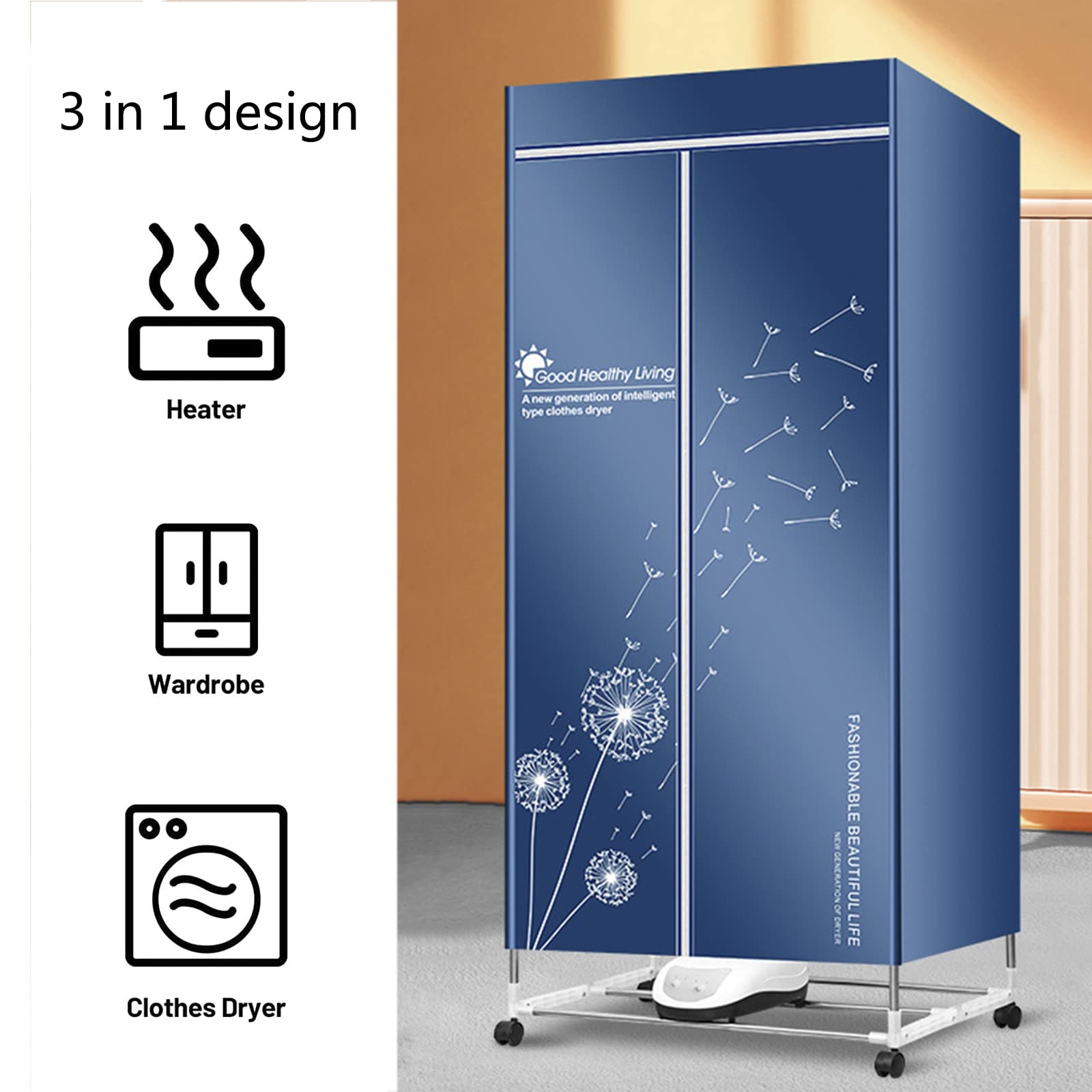 Asciugabiancheria Elettrica con Timer e Telecomando, Stendi Biancheria Elettrico Armadio 1500W a 2 Livelli con Coperchio e Ruote, Stendibiancheria Elettrico di Grande capacità,Cyan