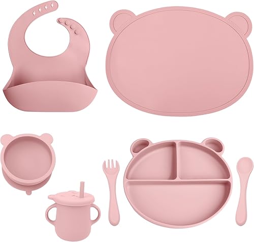 Suministros de destete LED de silicona para bebés, juego de alimentación para niños pequeños con plato de succión dividido, cuenco, cucharas,