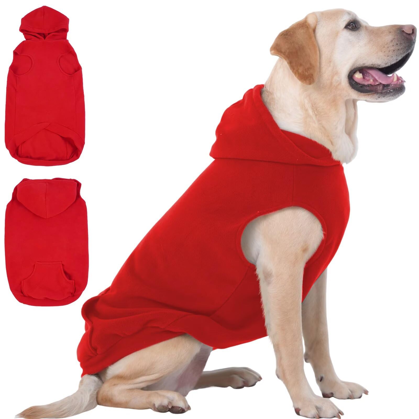 IECOii Dog Hoodies for Large Dogs with Leash Hole,Polar Fleece Doggy Sweatshirt for Large Breed Male Female Dog,Pet Pouch Hoodie Jumper Fall Winter Coat,Dogs Christmas Jumper for Pitbull,Red,2XL