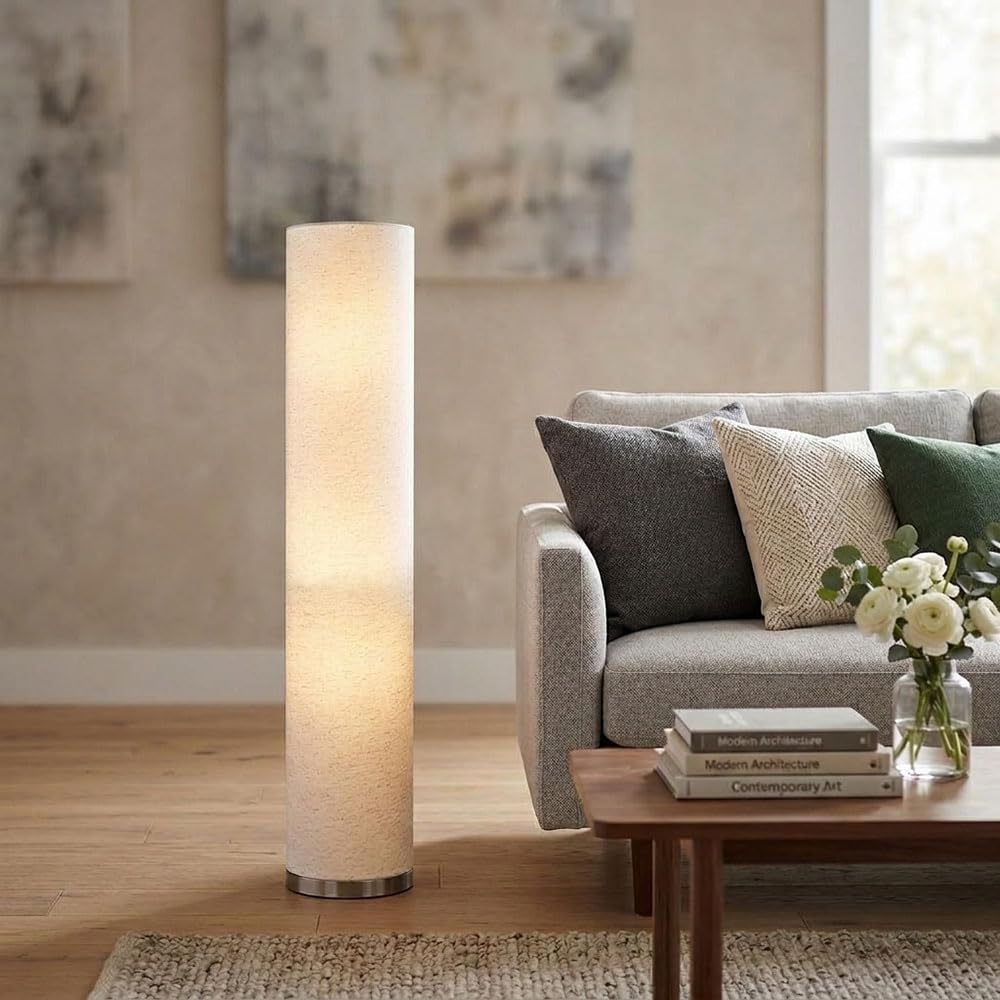 Stehlampe Esszimmer modern Säulenlampe 3 flammig Stehleuchte sandfarben mit Textilschirm, Metall nickel, 3x E27 Fassungen, DxH 19x110 cm