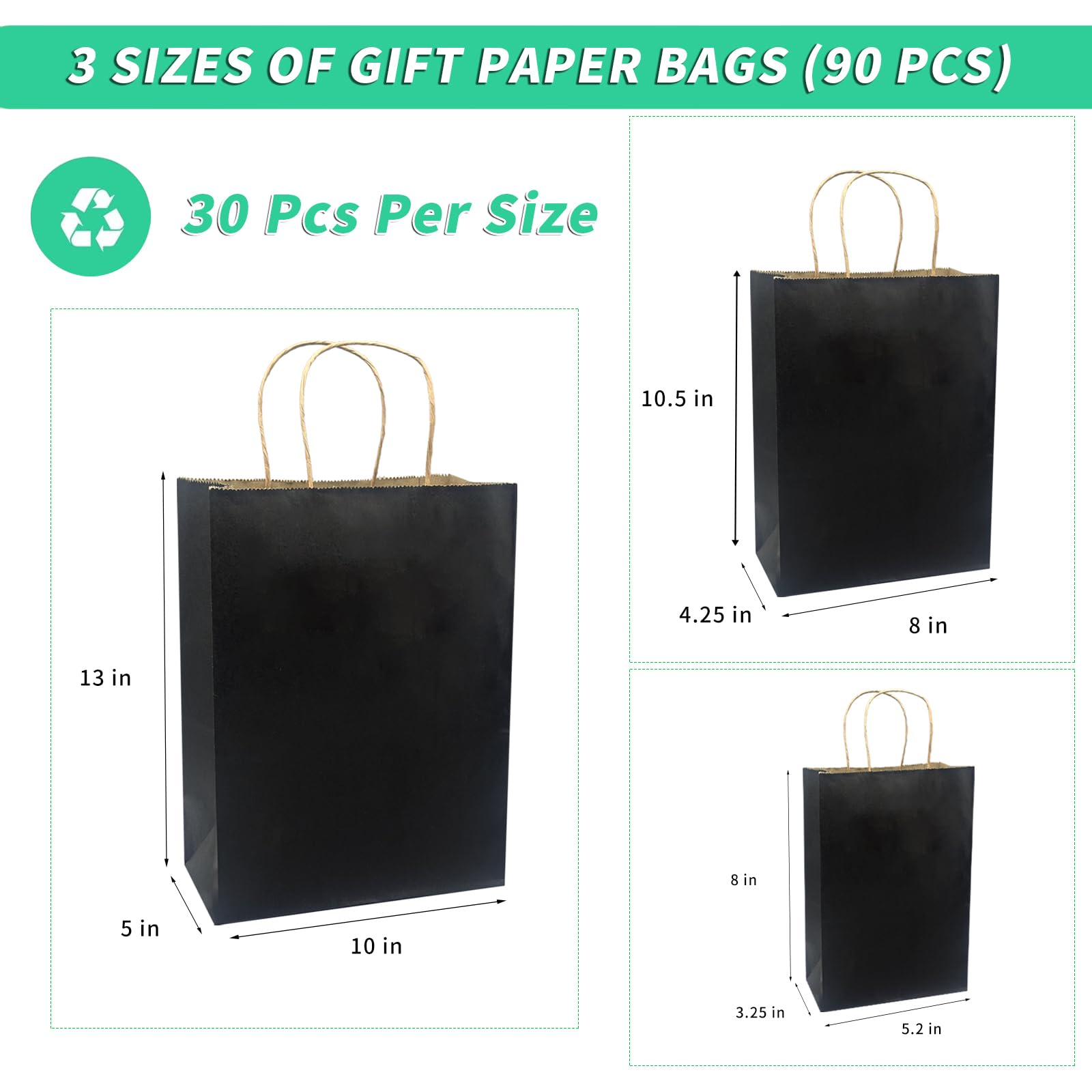 FACEBAG Paquete de 90 bolsas de papel kraft negro con asas a granel, bolsas de regalo de varios tamaños para recuerdos de comestibles, venta al por menor, fiesta, festival, boda, cumpleaños, compras,