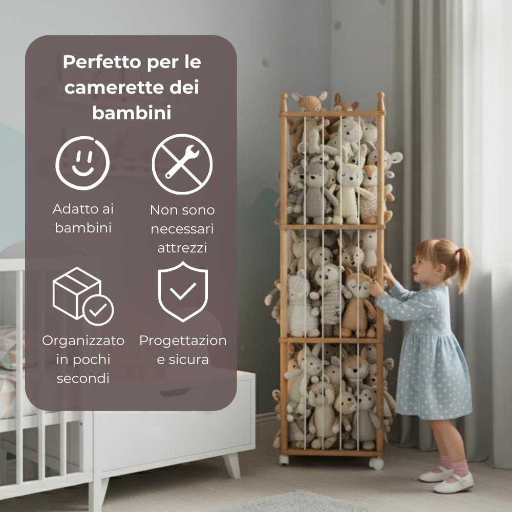 Wonder Space Scaffale in Legno per Peluche con Ruote, Grande Organizzatore Giocattoli per Cameretta, Supporto Sicuro ed Ecologico per Neonati e Bambini (Legno naturale)
