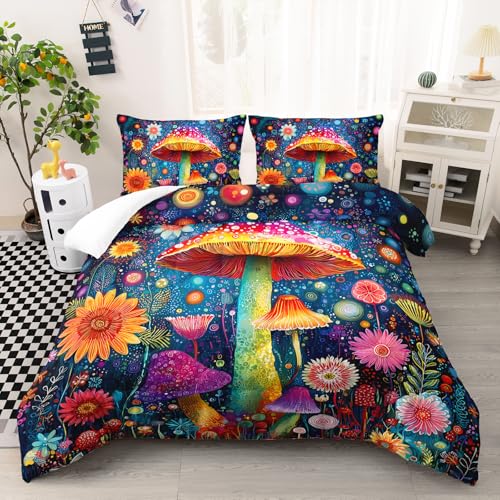 Image of AILONEN Cartoon Magic Mushroom Comforter Sets Full Size,Fantasy Floral Bedding Sets for Teens Adults,Soft Microfiber 3-Piece,1 Quilt + 2 Pillowcase
