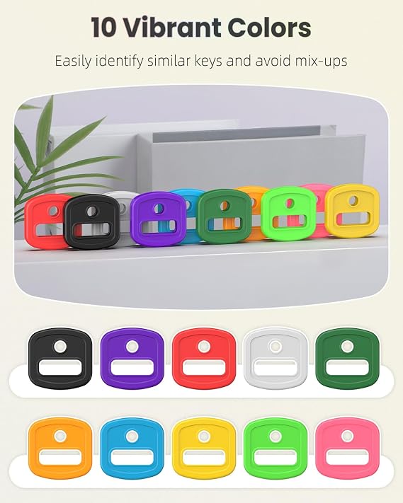 Uniclife 10 Pcs Key Covers Caps, 1 Key Identifiers with Labels, Soft Stretchy Key Covers for House Key, Cute Key Head Protectors for Standard Keys (Not for Odd-Shaped Keys), 10 Colors