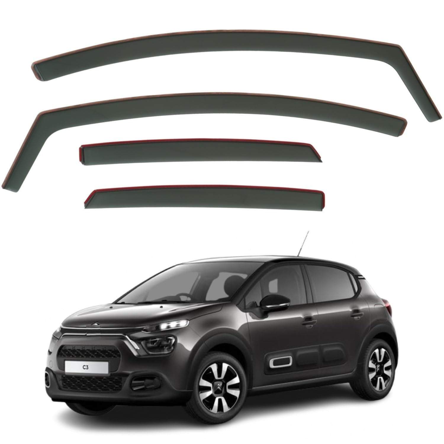 Deflettori D'Aria Oscurati Per Citroën C3 2017 | Nero | Per Porte Anteriori | Riduzione Rumore E Pioggia
