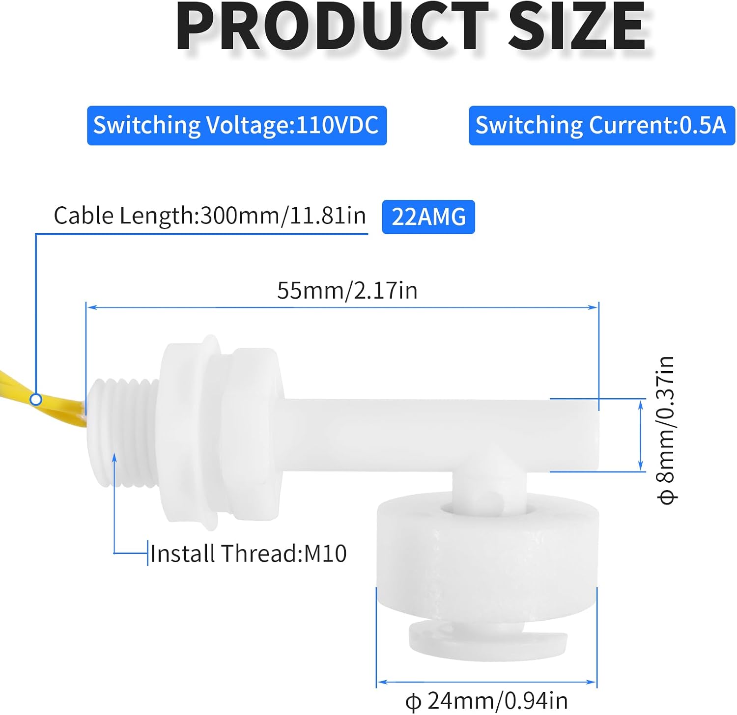 2 Pcs Polypropylene Float Switch, M10, 55 Mm, White