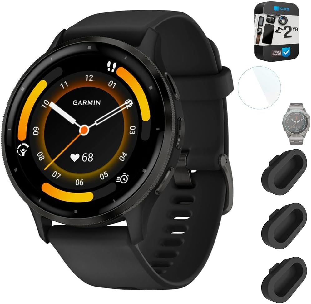 Garmin Venu 3 Health and Fitness GPS Smartwatch Steel Bezel w/Black Case (45mm) Bundle with 2 Year Protectio Pack + Deco Essentials Silicone Dust Cover - 3 Pack + 1.4 Inch Screen Protector