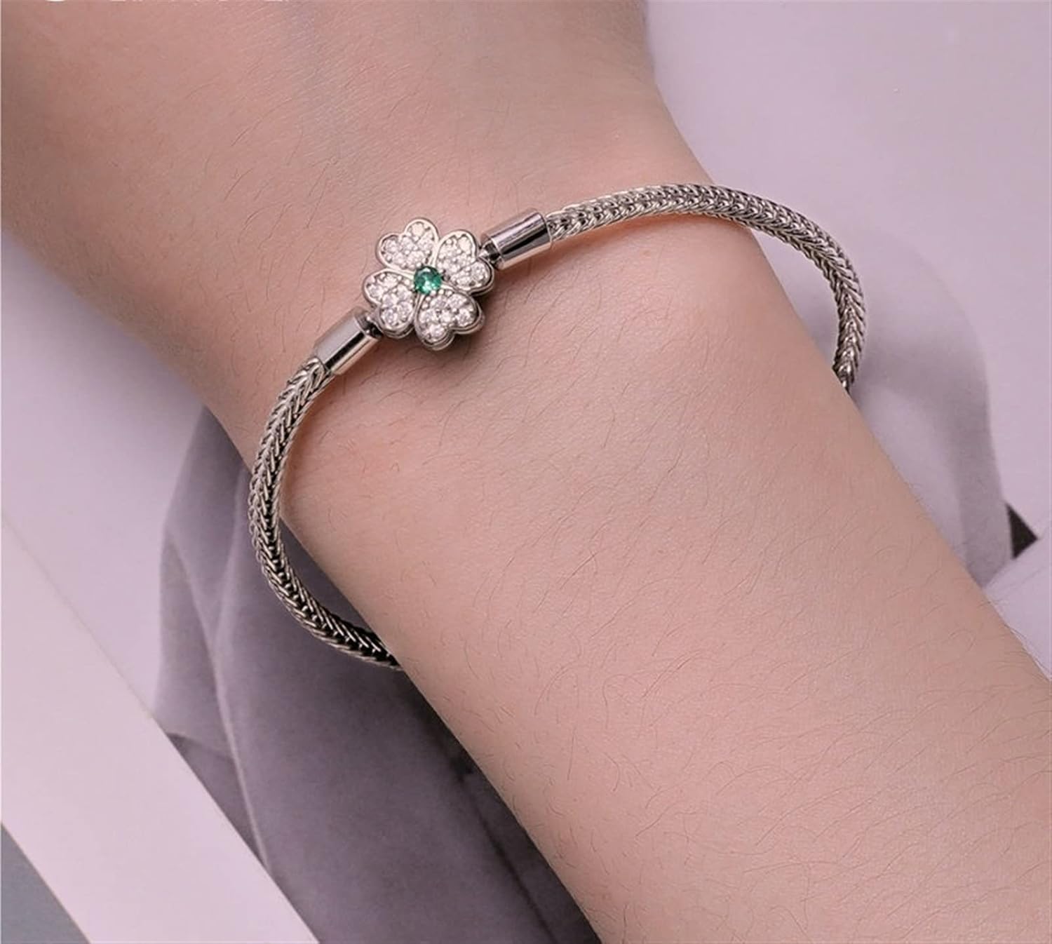YANHAO 925 Sterling Silver Four-Leaf Clover Snake Basic Bracelet Pave Setting CZ for Women Beads and Charms DIY Fine Jewelry (Size : 17cm)
