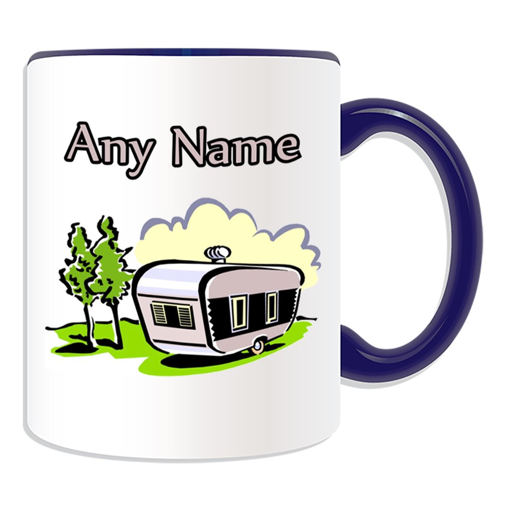Unigift Blue Personalised Gift - Travel Trailer Mug (Transport Design Theme, Colour Options) - Any Name/Message On Your Unique - Campervan Van Mobile Motorhome Camper Caravan Vacation