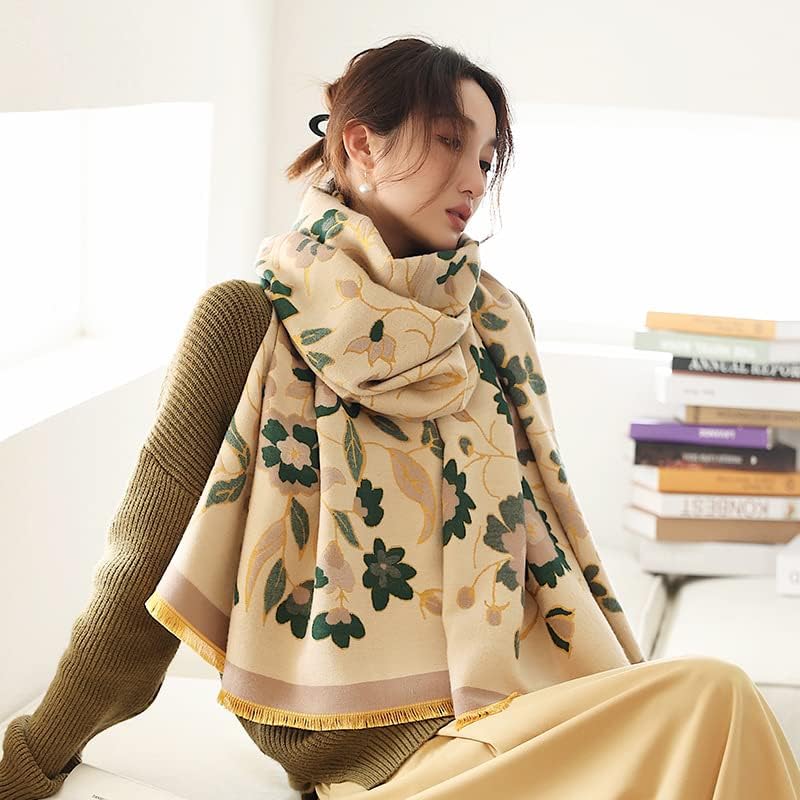 First Choose Women's Blanket Chunky, Pashmina Shawls Wraps Oversized Winter & Fall Warm Scarfs Soft Cashmere Feel for Women (Beige-Dark Green) - Image 2