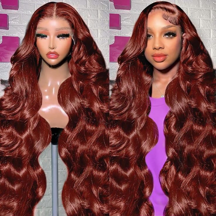 YINGRUN Reddish Brown Lace Front Wigs Human Hair 13x6 Body Wave Lace Front Wig 180% Density 33# Lace Frontal Wigs Human Hair Pre Plucked with Baby