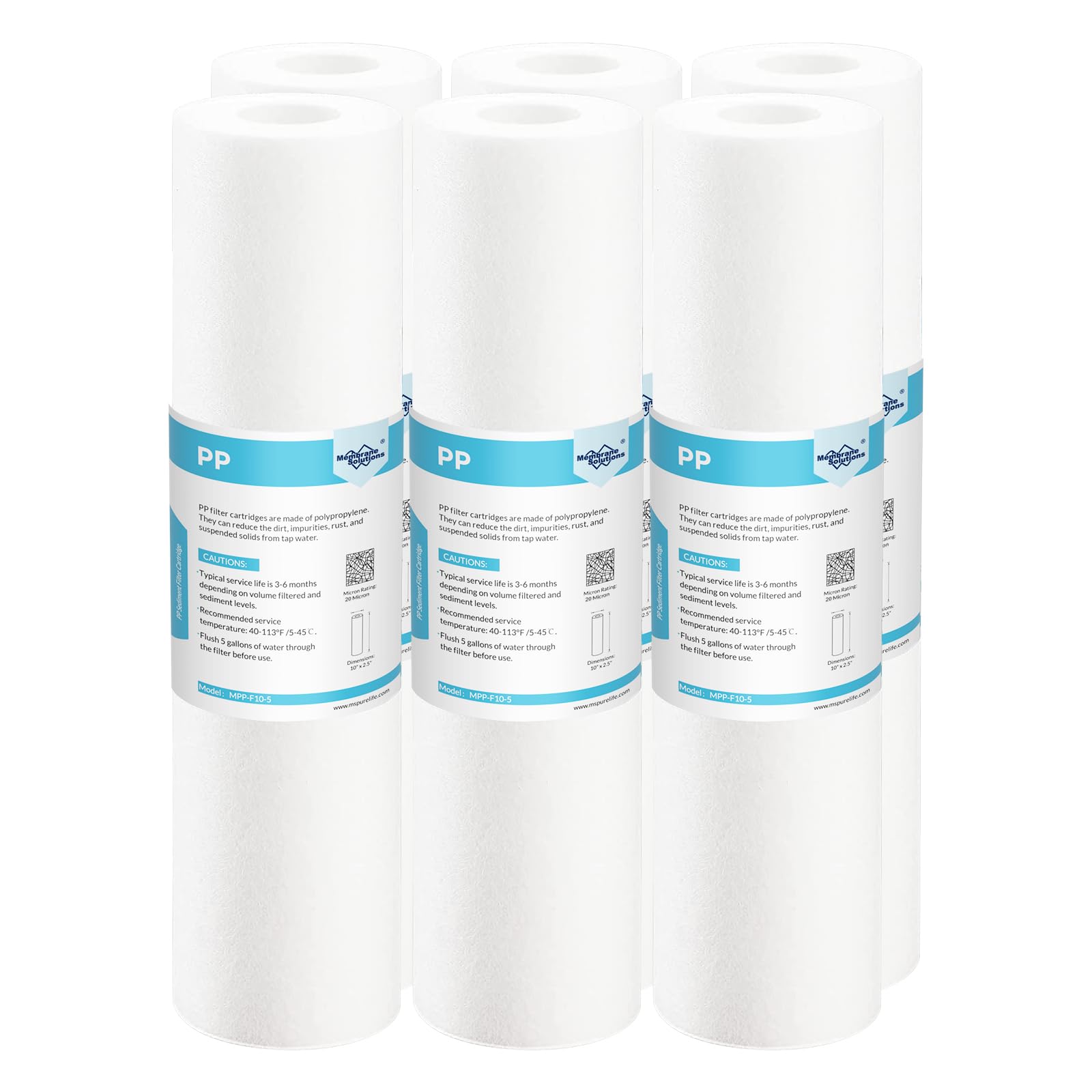 Membrane Solutions 10 x 2,5 pouces Remplacement de Filtres à Eau Sédiments en Polypropylène, Cartouche de Filtre, compatible avec Filtres Standards, Osmose Inverse - 20 Micron, 6 Pack