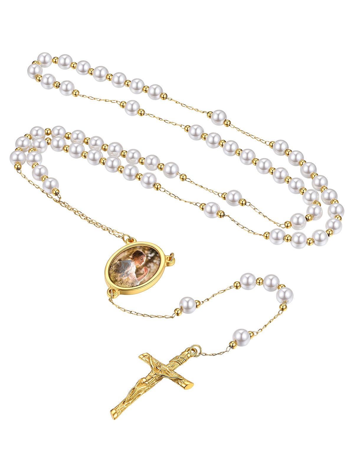Custom4U Personalized Rosary with Picture Custom Rosary Beads Catholic Necklace for Women Men Miraculous Medal Crucifix Cross Y Necklace Stainless