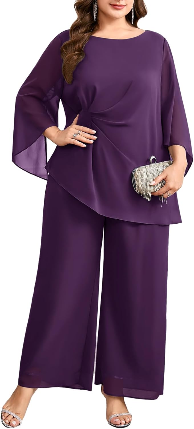 CYCLAMEN Plus Size Mother of Bride Pant Suits 2 Piece Chiffon Sets Asymmetric Wedding Guest Outfit