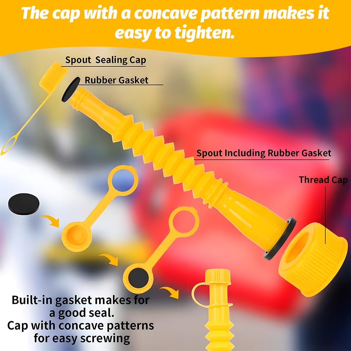 Car Gas Can Spout Replacement, 5 Kit No-Spill Flexible Vehicle Gas Can Nozzle with Vent Cap Thick Rubber Pad Spout Cover, Auto Fuel Can Nozzle Replacement, Fit for Most 1/2/5/10 Gal Tank
