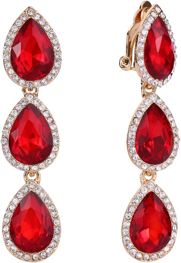 EleQueen Women's Austrian Crystal Teardrop Pear Shape 2.4 Inch Long Clip-on Dangle Earrings