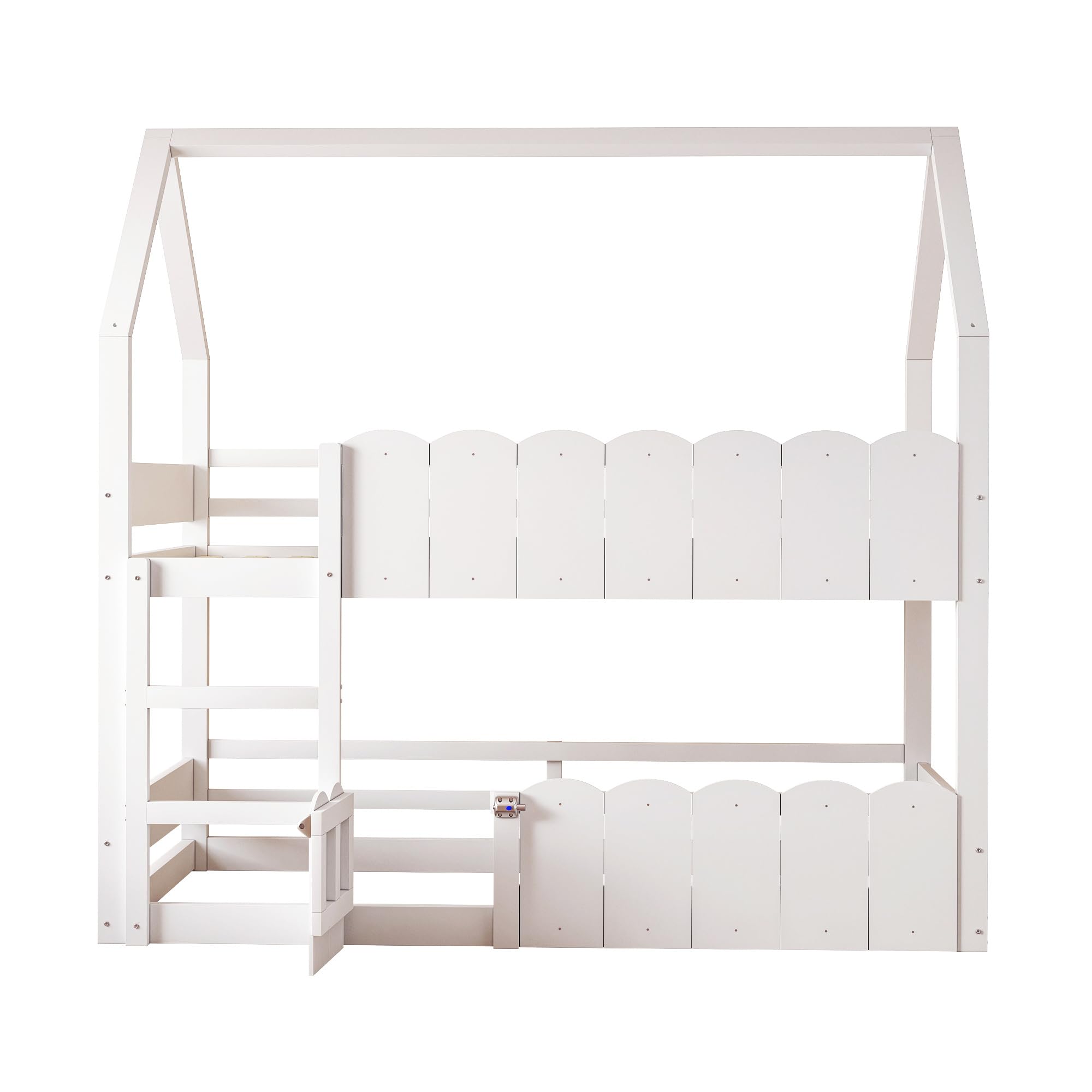 Kinder-Etagenbett 90 * 200 cm, Hausförmiges Design mit erhöhten Sicherheitsgeländern. Das Obere Bett verfügt über Einen Lattenrost. Geeignet für Jungen und Mädchen Weiß