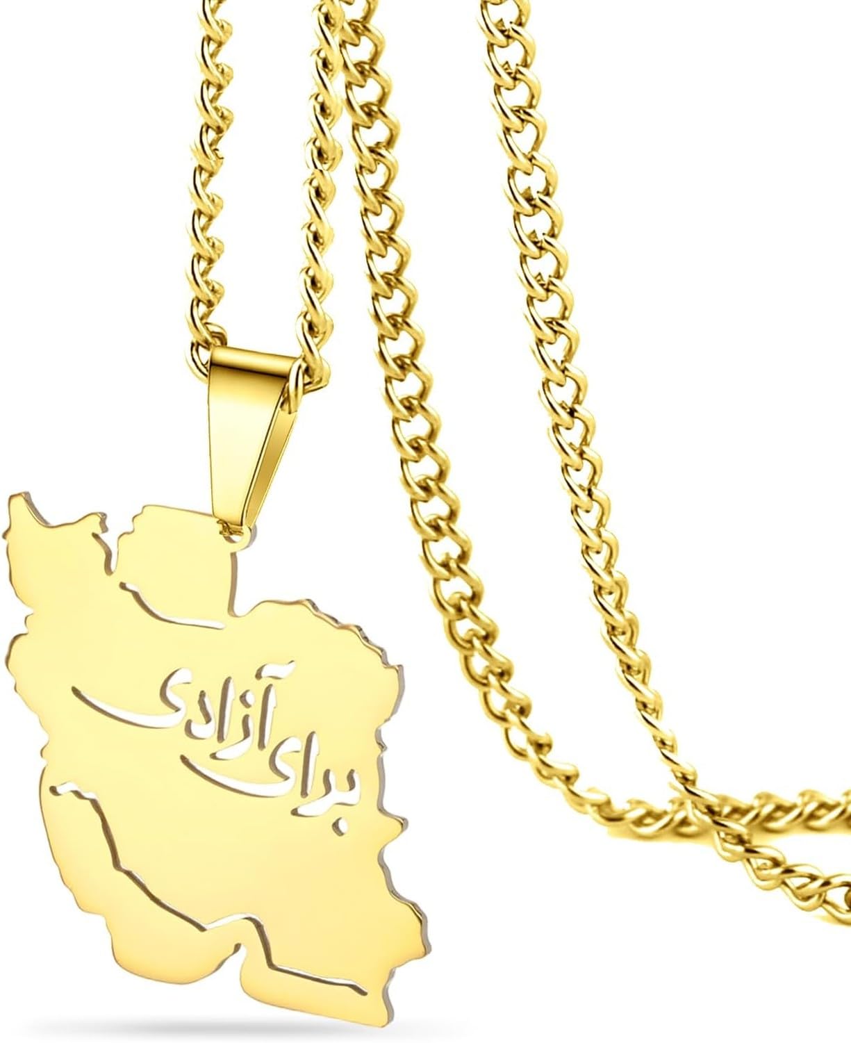 GIOFEOIK Iran Map Pendant Necklace with Dove Flag Colour CZ Stainless Steel Persian Patriotic Jewellery Gift for Women Men, gold 6