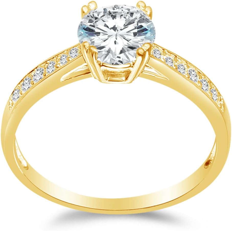 Solid 14k Yellow Gold Round Cut Tapered Double Prong Solitaire Engagement Ring CZ Cubic Zirconia (1.50cttw., 1.0ct. Center)