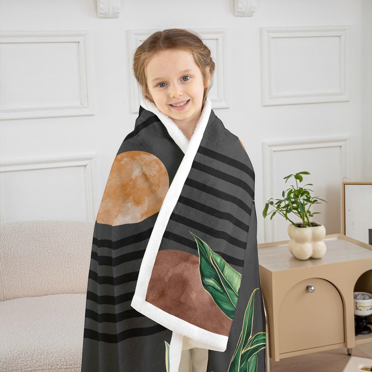 Erosebridal Mid Century Fleece Blanket Queen 90x90 Brown Black Boho Geometric Sherpa Blanket Tropical Modern Palm Leaf Fuzzy Plush Throw Abstract Bohemian Aesthetic Decor