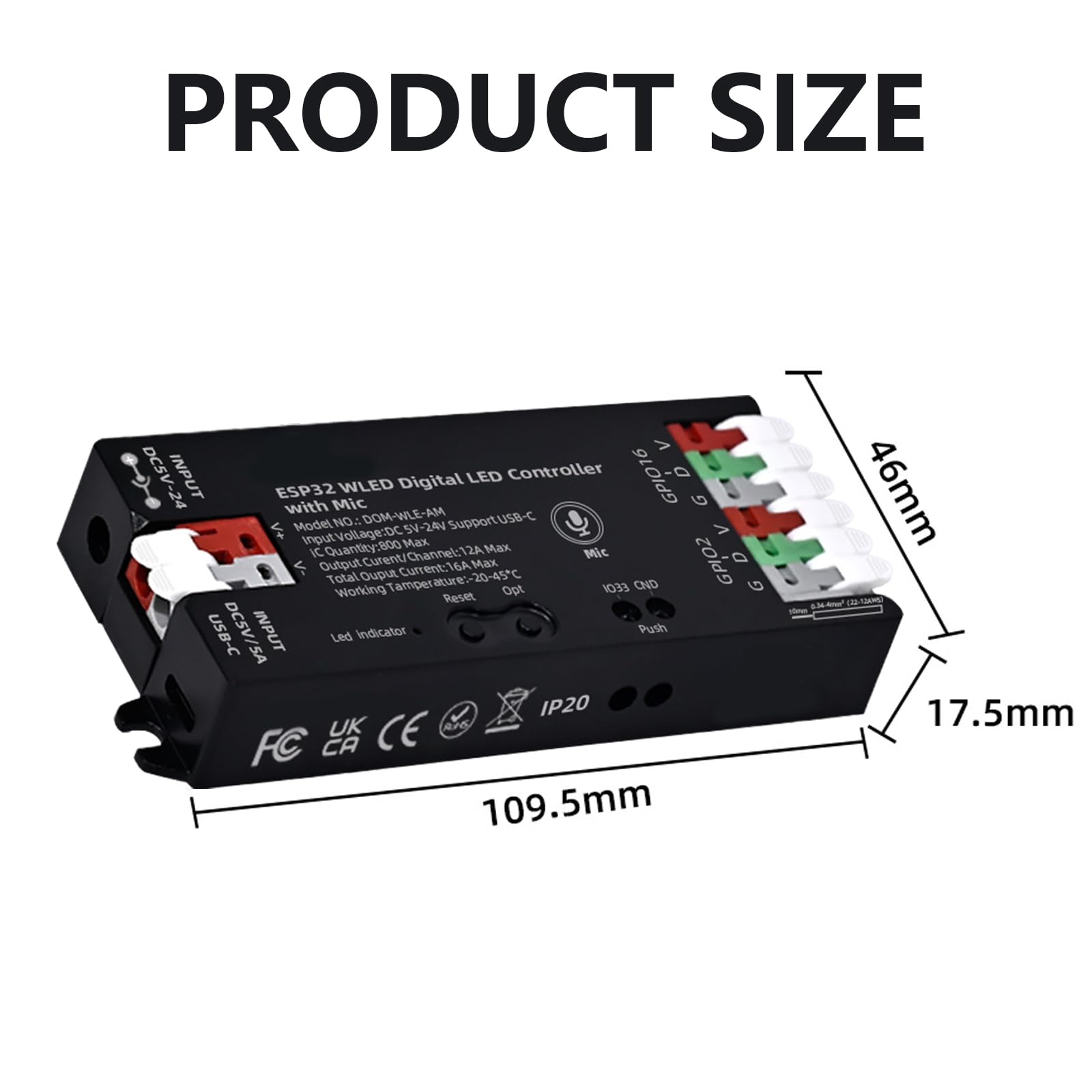 Controller WLED con Microfono, Controller Digitale ESP32 per Strisce LED RGB, RGBW, DC5-24V Controllers WLED Digitale Indirizzabile per Strisce LED WS2811, WS2812B, SK6812, WS2805