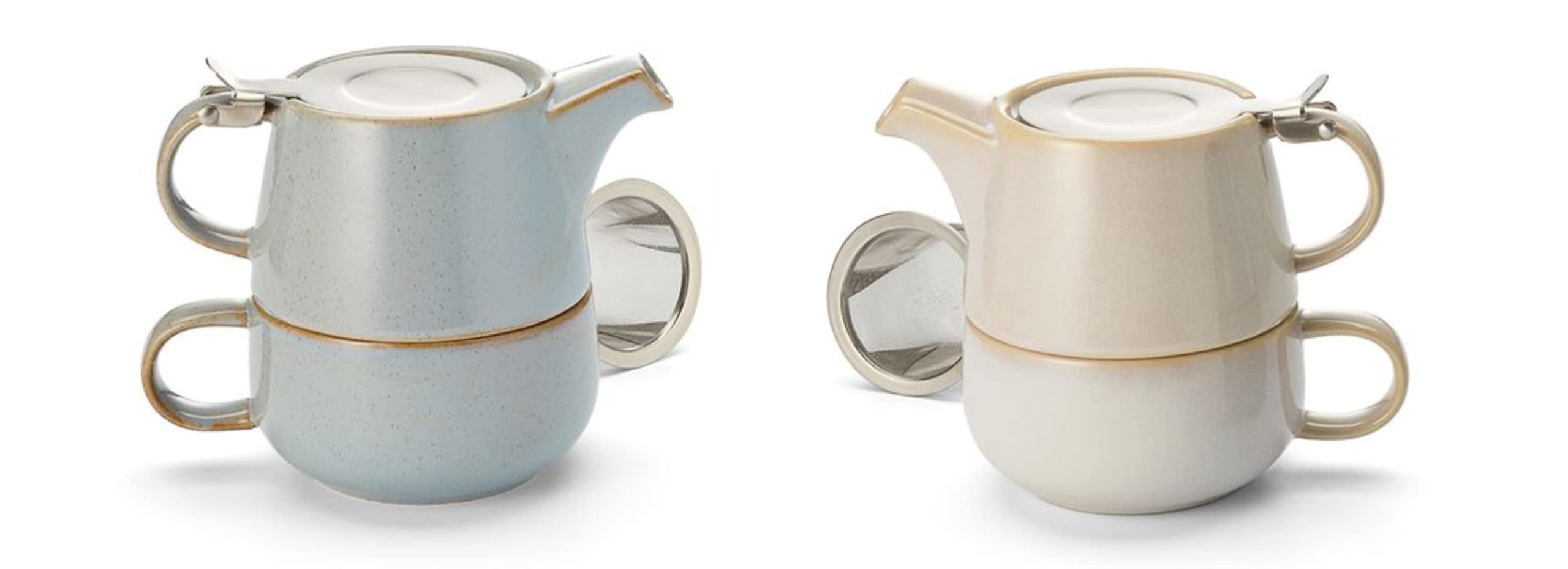 NEU teemando® Tea for one Set "Mans" + Tea for one Set "Tuva" Keramik, 4-teilig mit Edelstahlsieb- und -deckel Kanne: 0,45 l/Tasse: 0,25 l