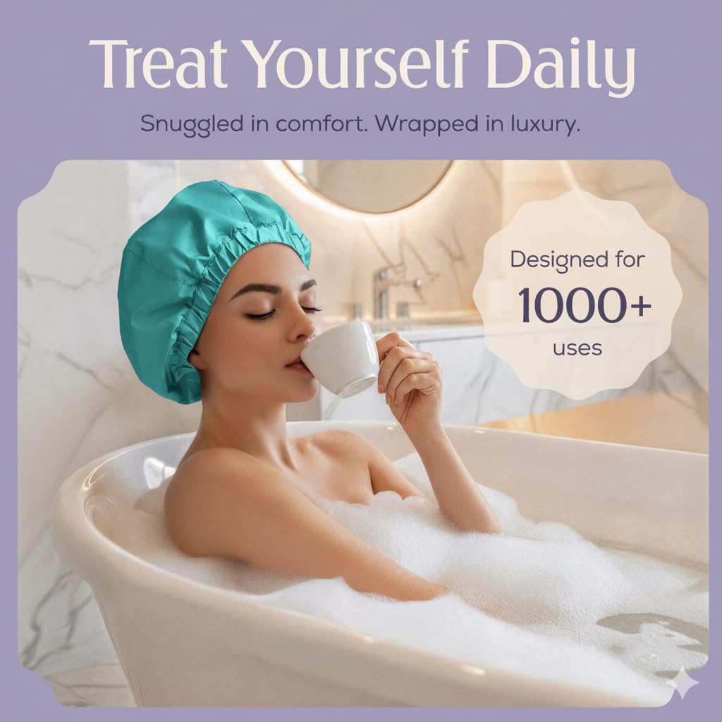 Gorro de ducha de alta calidad para mujer, más de 1000 duchas, 100% impermeable, doble cara, grande para cabello largo e ideal para rizos (forro de tela de rizo antiencrespamiento), color turquesa.