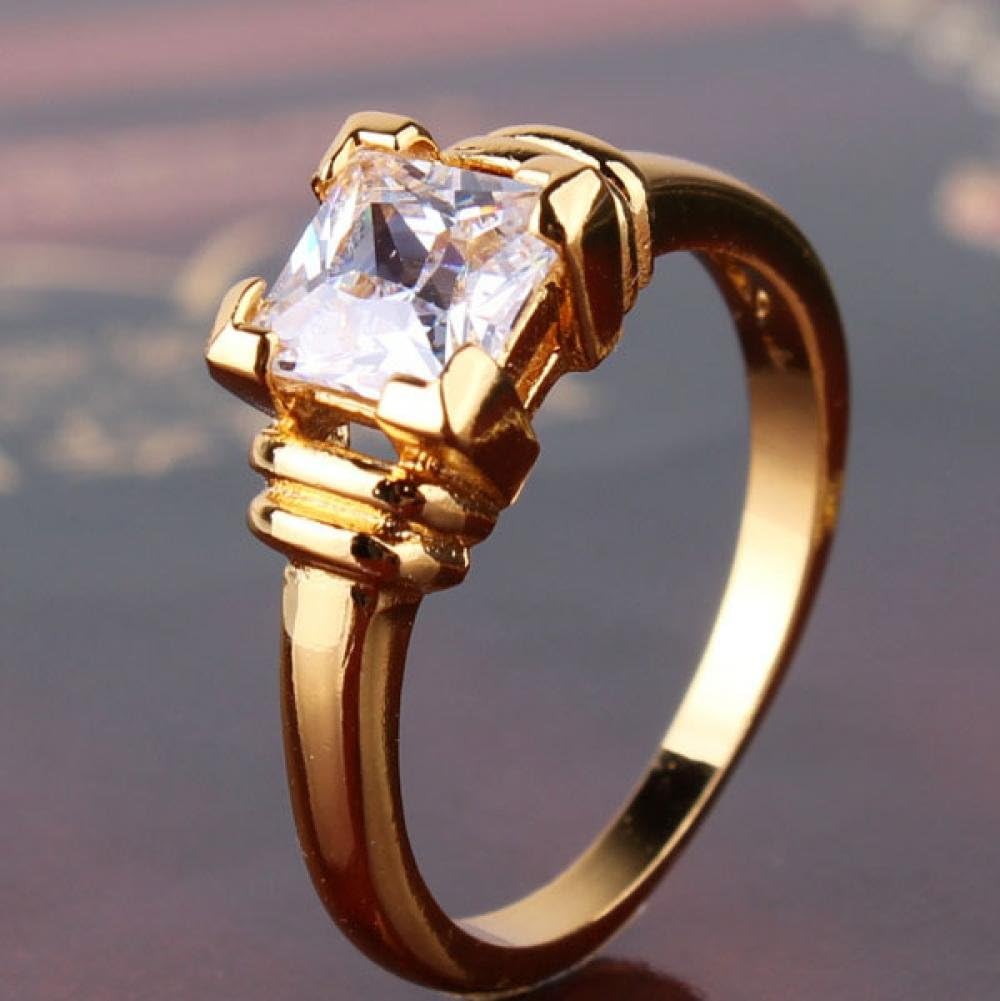 Shining Deals Fashionable Jewelry Brand Classic Princess Cut Square Clear Rings 24K Gold Plated Women Rings Expendables Lucky Ring Jewelry