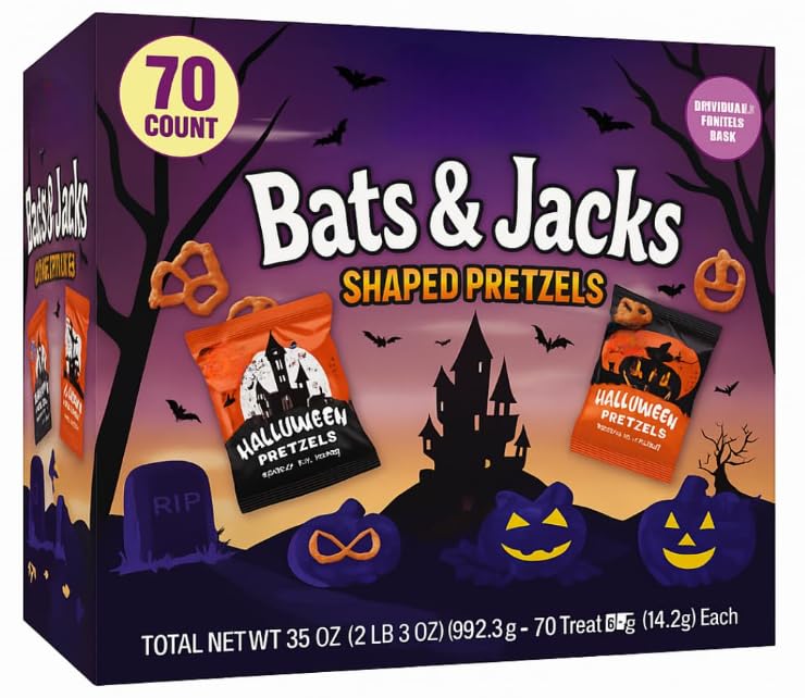 Halloween Pretzels Bats & Jacks Shapes, 70 Count Snack Bags (35 oz) | Individually Wrapped Party Treats for Trick-or-Treating, School Events, Lunchboxes