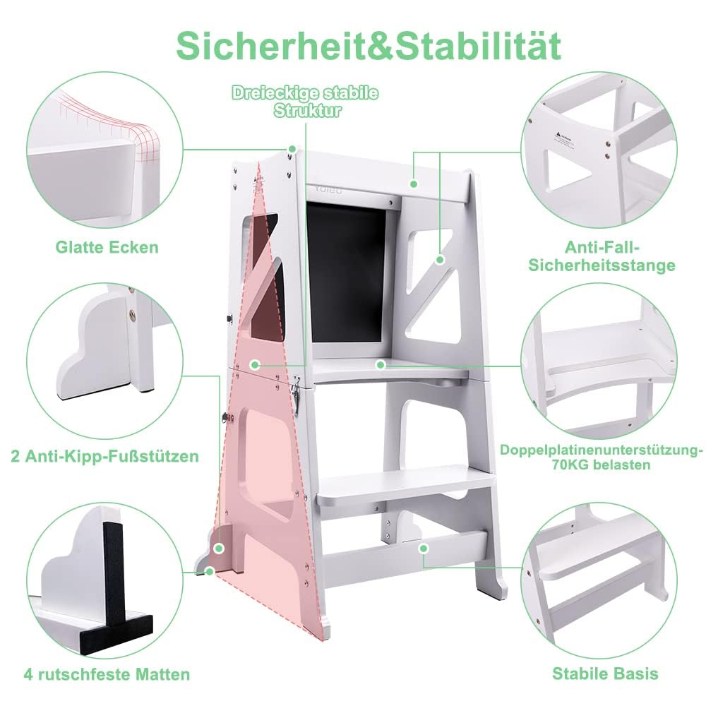 2in1 Lernturm Kinder Tritthocker Lernstuhl Kinderhocker Faltbarer Kinderschemel für Baby,mit doppelseitiger magnetischer Tafel,Umweltschutz,Küchen-/Badezimmerhelfer (Weiß)