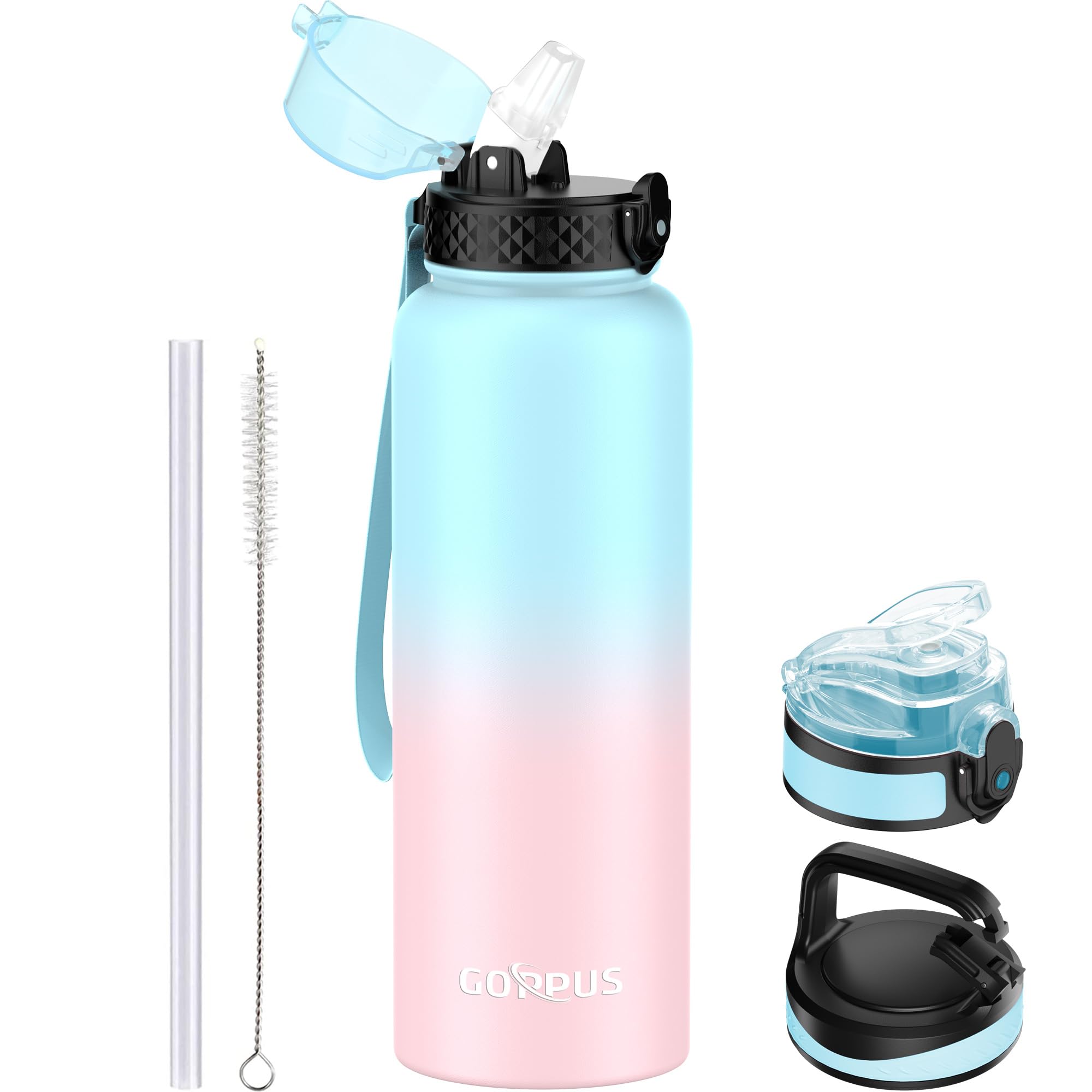 GOPPUS 1.2L/40oz Stainless Water Bottle with Straw Double Wall Insulated Bottles with Strap Large Vacuum Thermal Flask Leakproof Keep Cold Drinks Bottles with Flip Top Lid for Men Women BPA Free