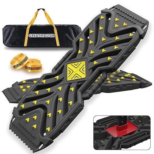 Traction Boards Recovery Boards (Pair) – 42″ × 14″ PA66 Off-Road Tracks with 34 High-Strength Contrasting-Color Spikes, Flip-Shovel & Jack-Base Design, Tow Strap – Sand, Mud, Snow 4×4 SUV ATV Truck