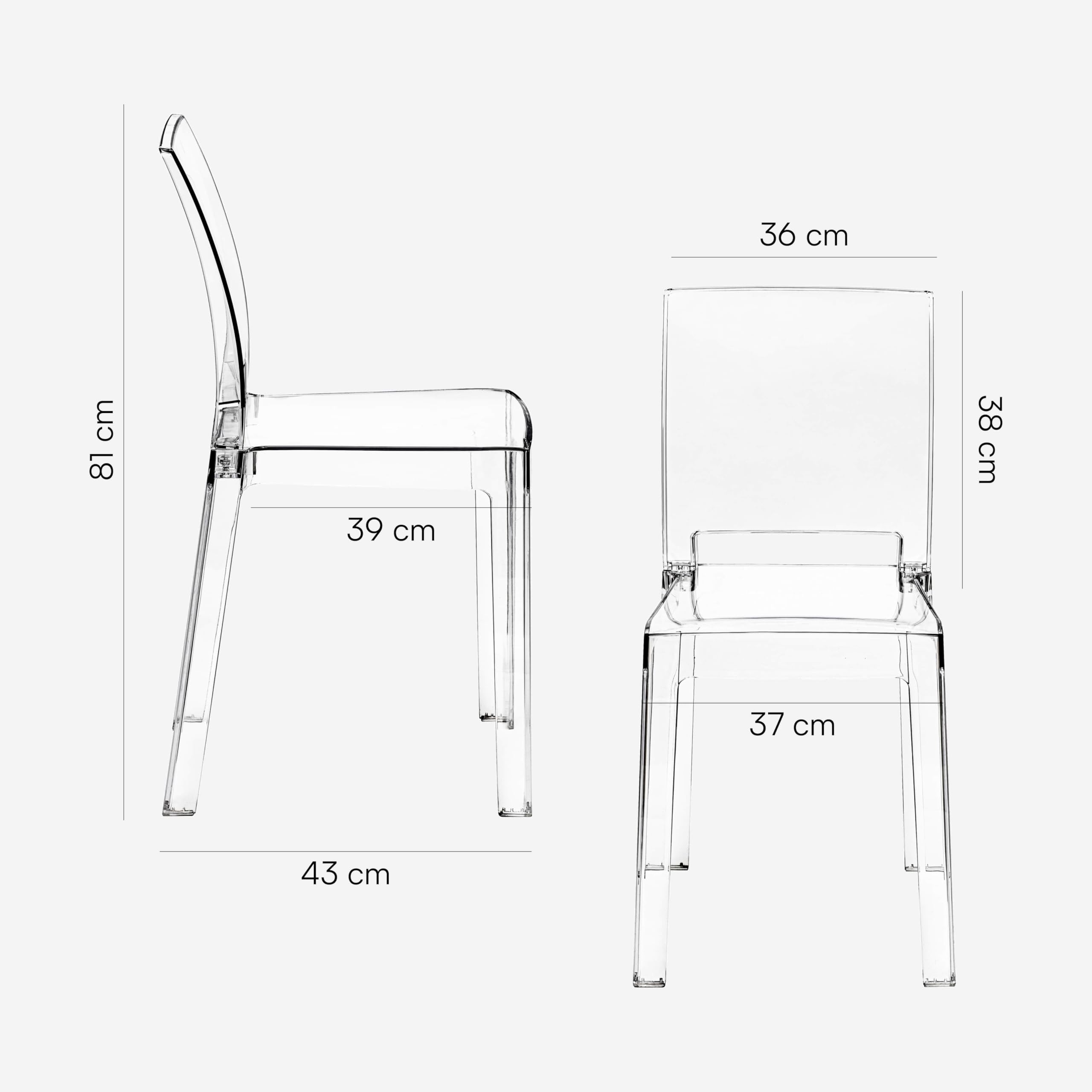 Baroni Home Juego de 4 Sillas de Policarbonato Resistente, Desmontables en 2 Piezas, Asiento Ergonómico con Respaldo Curvo, Trasparente, 36x81x43 cm