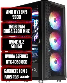 Computador Gamer AMD Ryzen 5 5500, 16GB RAM DDR4 3200 MHz, NVME M.2 500GB, NVIDIA RTX 5060 8GB, Gabinete com 3 Fans RGB