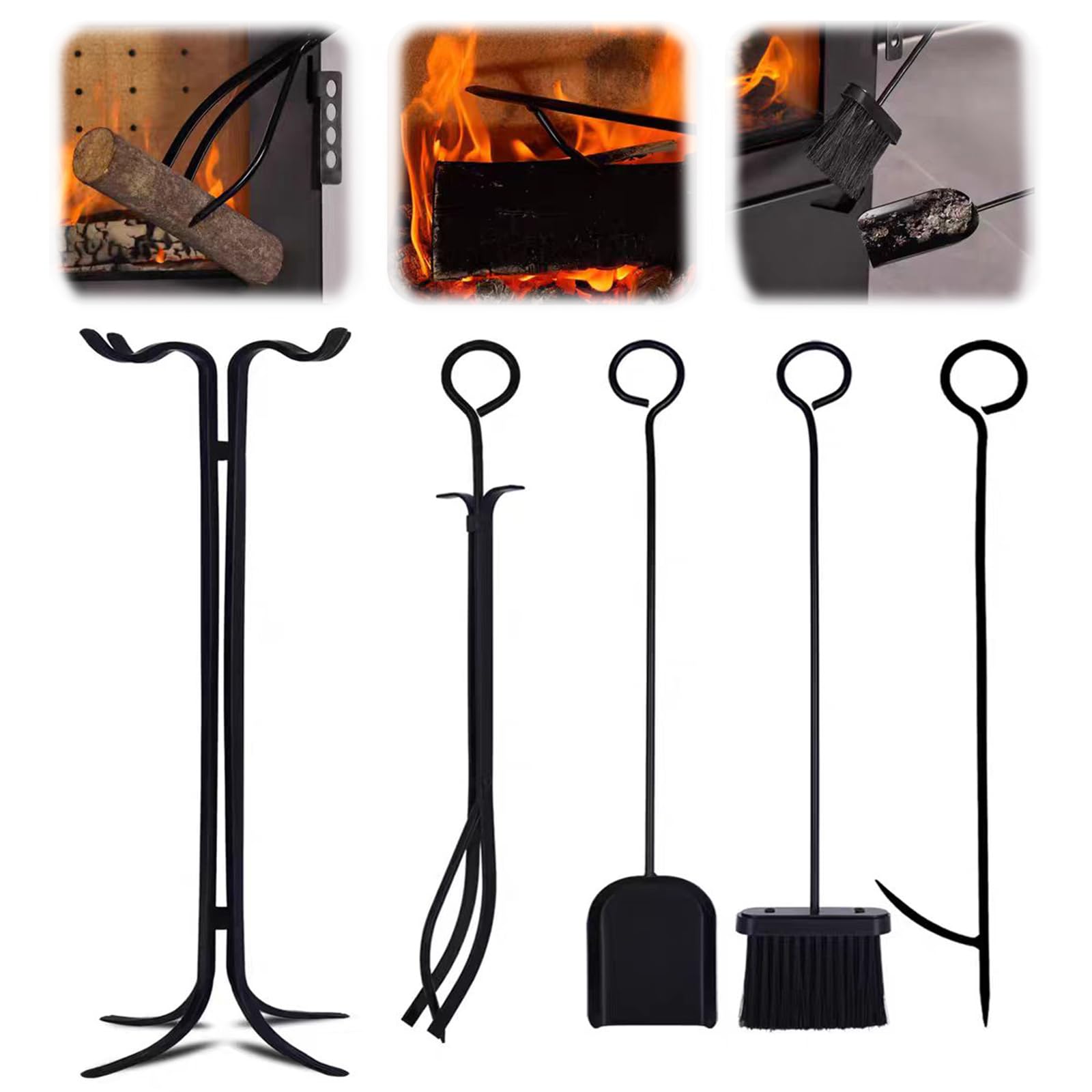 Set Attrezzi per Camino 5 Pezzi, Base con Attizzatoio, Pinza, Paletta E Scopa,Metallo,Strumenti per Camino in Ferro Battuto Nero E Accessori per Caminetto per Interni,Nero,31.5in