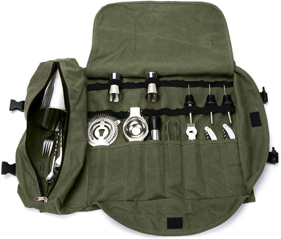 Bartender Kit Roll Bag, Cocktail Sets Roll, Barman Work Tools Storage Tote Bag, Bar Tool Organizer, Heavy Duty Waxed Canvas Mixology Kits Roll Up (Army Green)