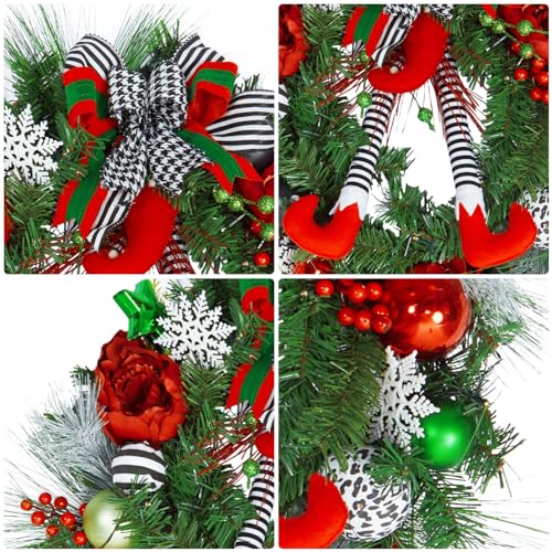 24 Inch Pre-lit Christmas Wreath for Front Door, Battery Operated Xmas Wreath with 20 LED Lights and Elf Legs Boots Christmas Ball Ornaments Bows for Home Winter Holiday Decor