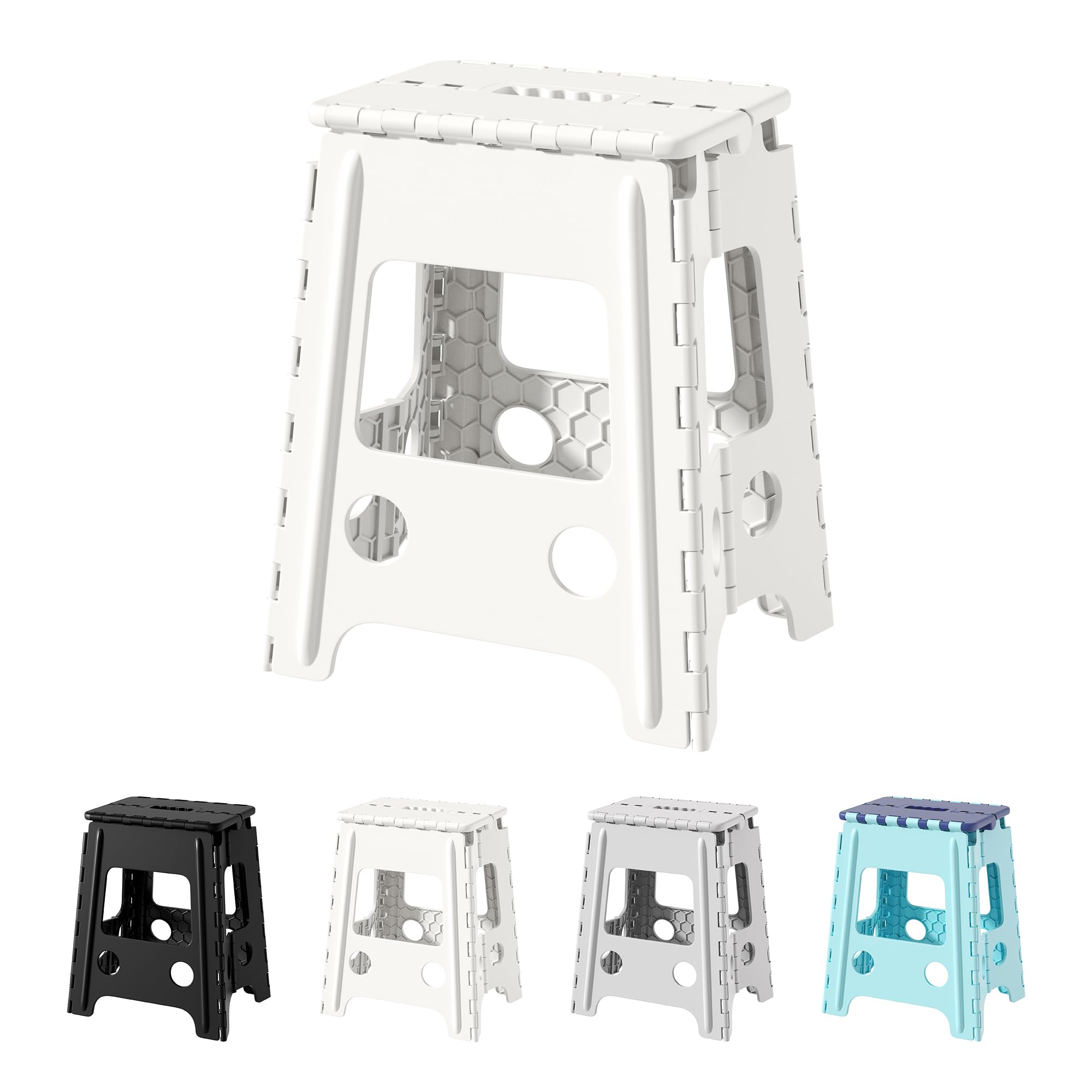 Cetomo 16 Inch Folding Step Stool, Plastic Durable Stool, Foldable Kitchen Stool for Adult, Portable Seat for Bedroom, Shelf, Heavy Duty, White, 1 Pack