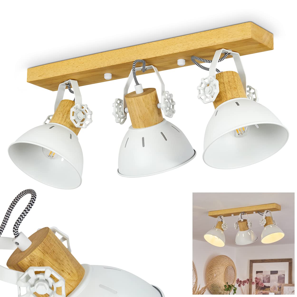 Hofstein White Ceiling Light Orny, Modern Ceiling Lamp Made Of Metal/Wood In /Nature, Light In Scandinavian Design With Adjusting Screws, Adjustable Lampshades And Light Effect, 3-Flame, E27, Without Bulb