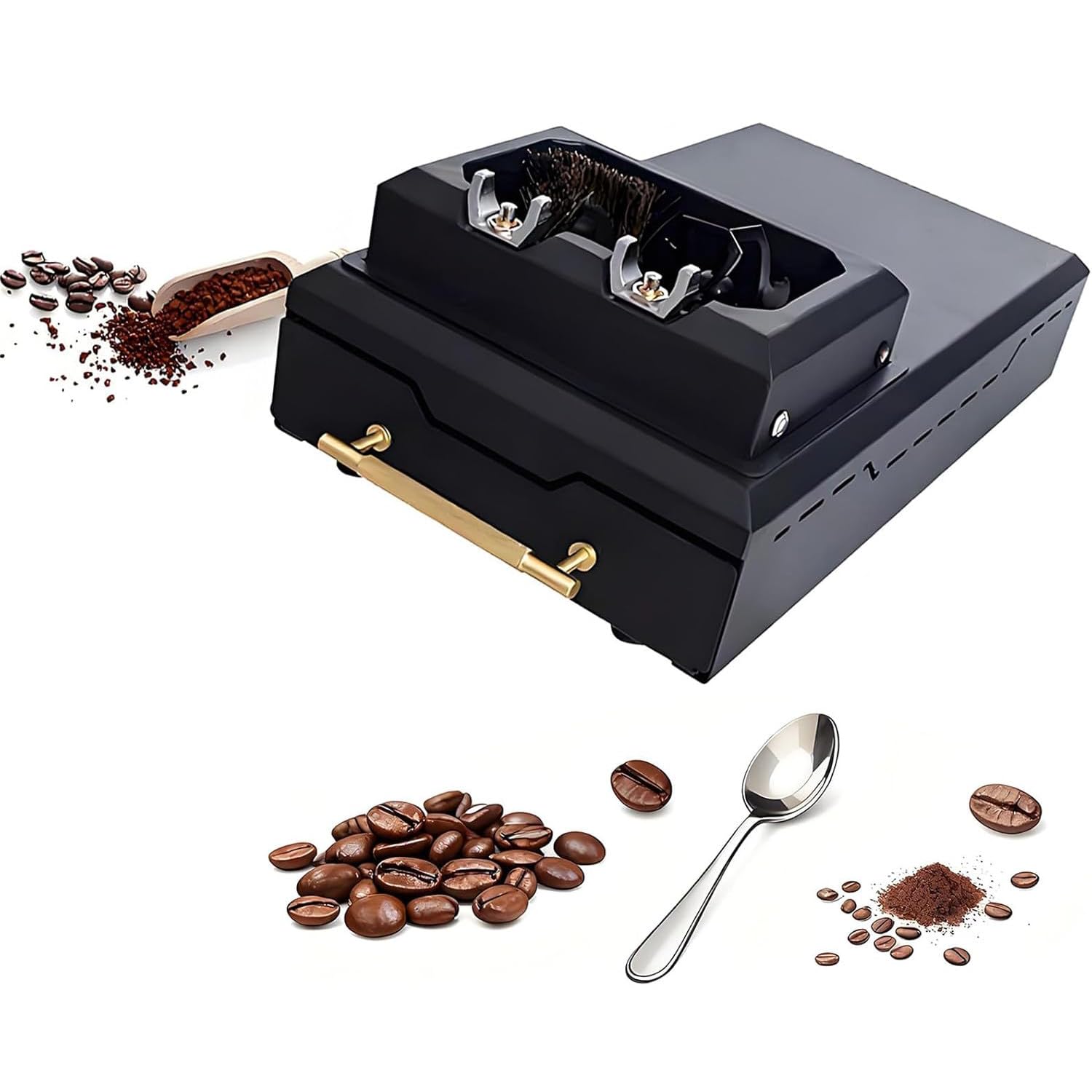 Nettoyeur de porte-filtre électrique, nettoyeur de marc de café électrique, appareil de nettoyage de porte-filtre de 150 W avec 2 grattoirs et 1 brosse, conception détachable, bac à marc intégré