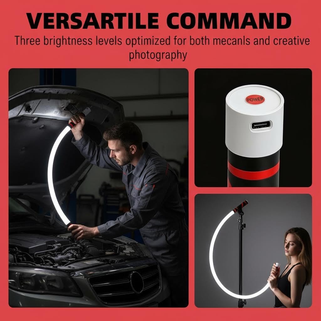 Flexible LED Flashlight Rechargeable, Bendable Work Light Stick with High Lumens & 3 Modes, Hands-Free Mechanic Inspection Light for Tight Spaces Use