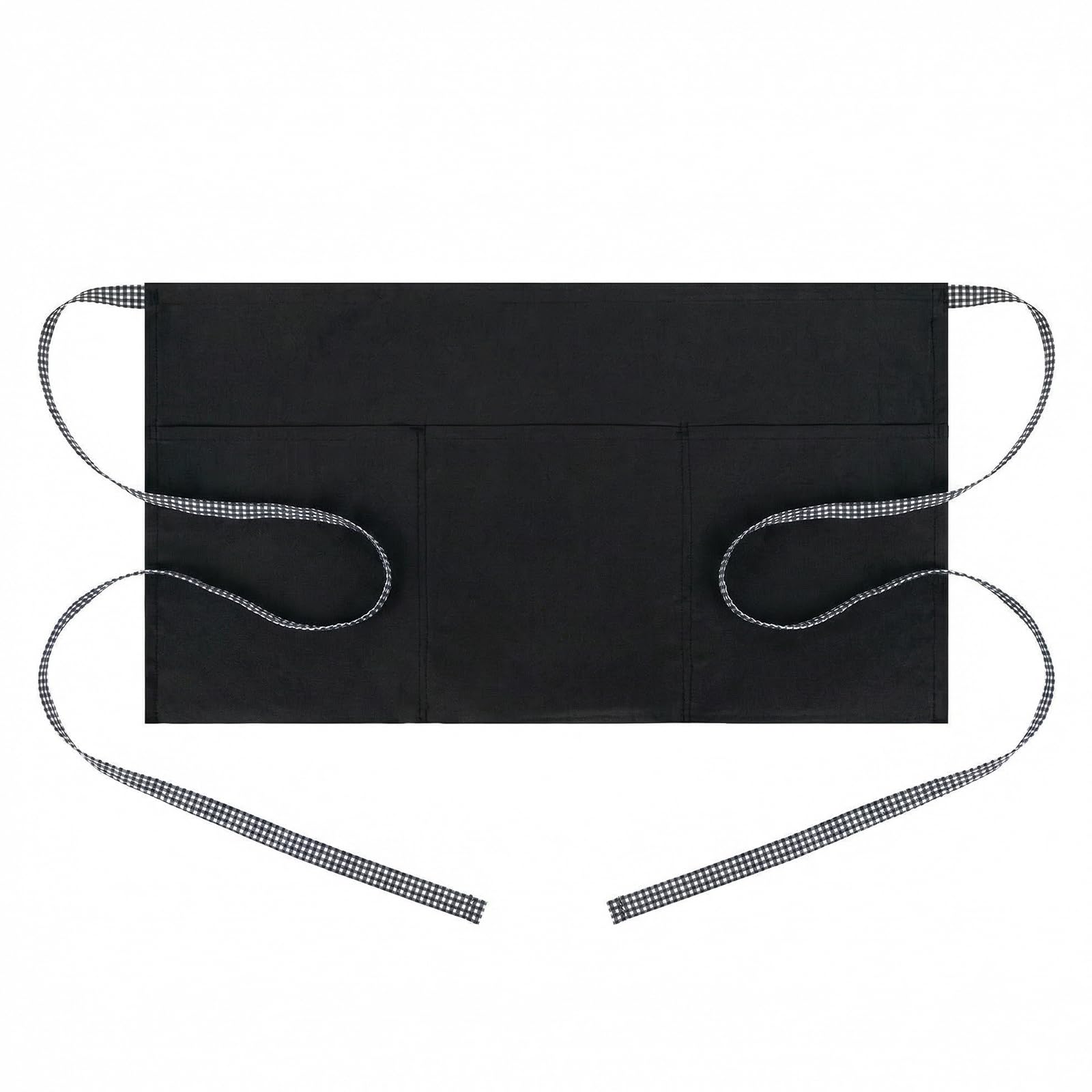 BOHARERS 3-Pocket Waist Apron With Black And White Plaid Shoulder Straps - Black Waitress Waiter Server Short Aprons
