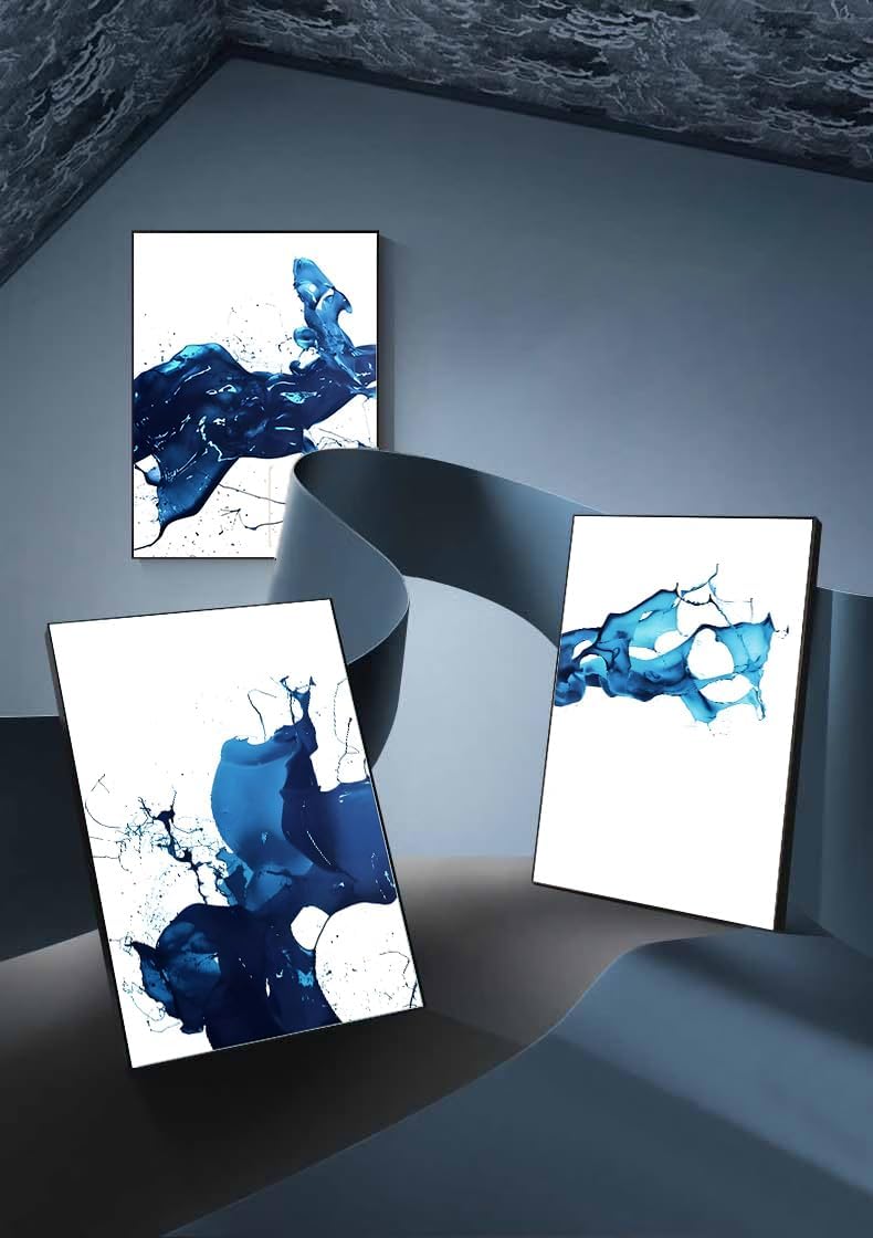 ARTFEB Modern Black Framed Wall Art, 3 Pieces Abstract Blue and White Painting Wall Art for Living Room Decor,Canvas Print Artwork Set for Bedroom Office Bathroom Decor,24x32x3piece